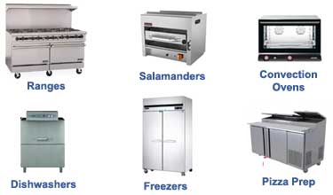 ranges, salamanders, convection ovens, dishwashers, freezers, pizza ovens